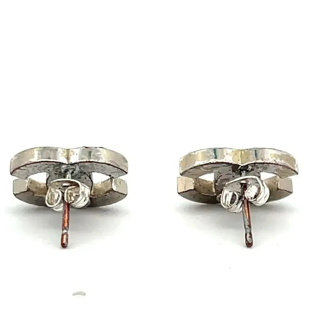 CHANEL CC Logos Rhinestone Stud Earrings Silver Tone